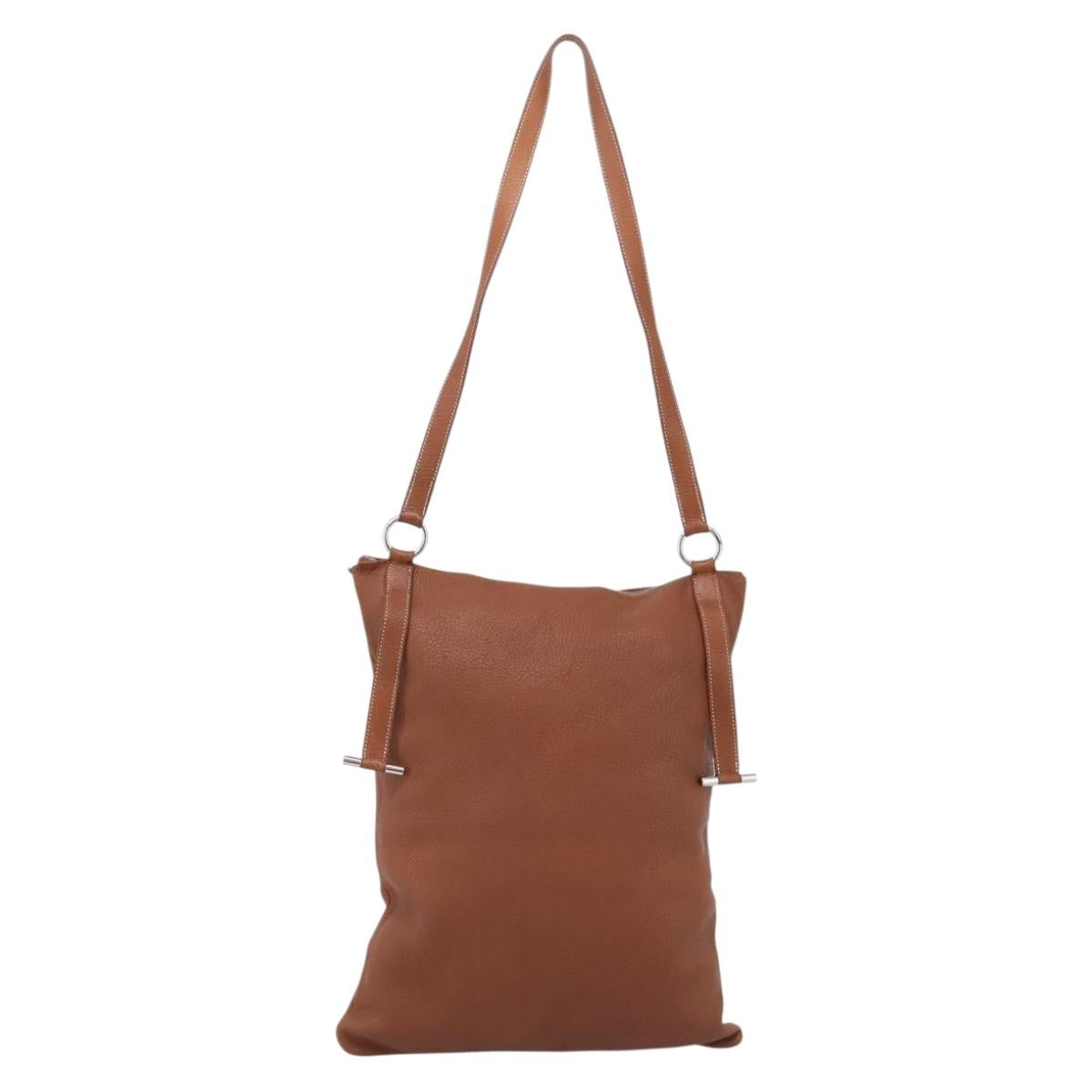 HERMES Shoulder Bag Leather Brown Silver Auth bs37078