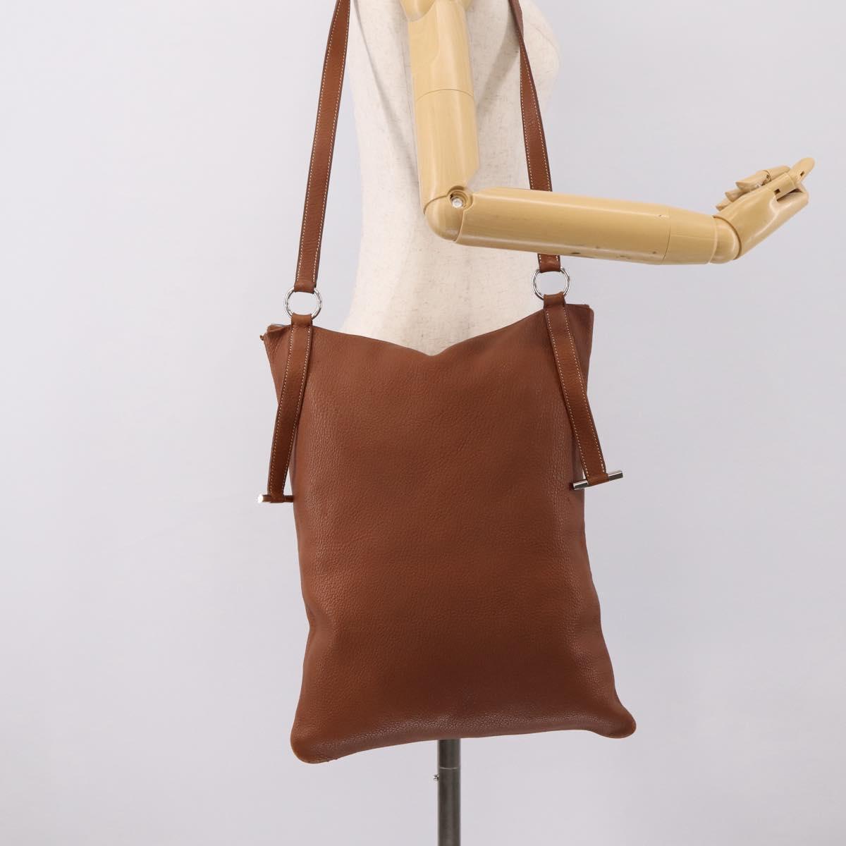 HERMES Shoulder Bag Leather Brown Silver Auth bs37078