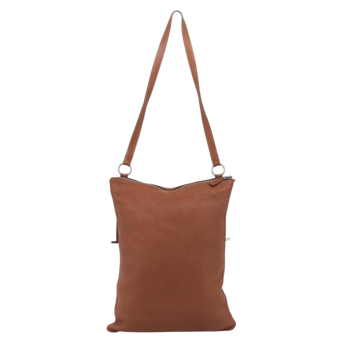 HERMES Shoulder Bag Leather Brown Silver Auth bs37078