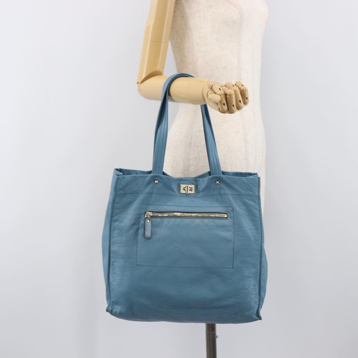 VALENTINO Tote Bag Leather Light Blue Gold Tone Auth bs37079