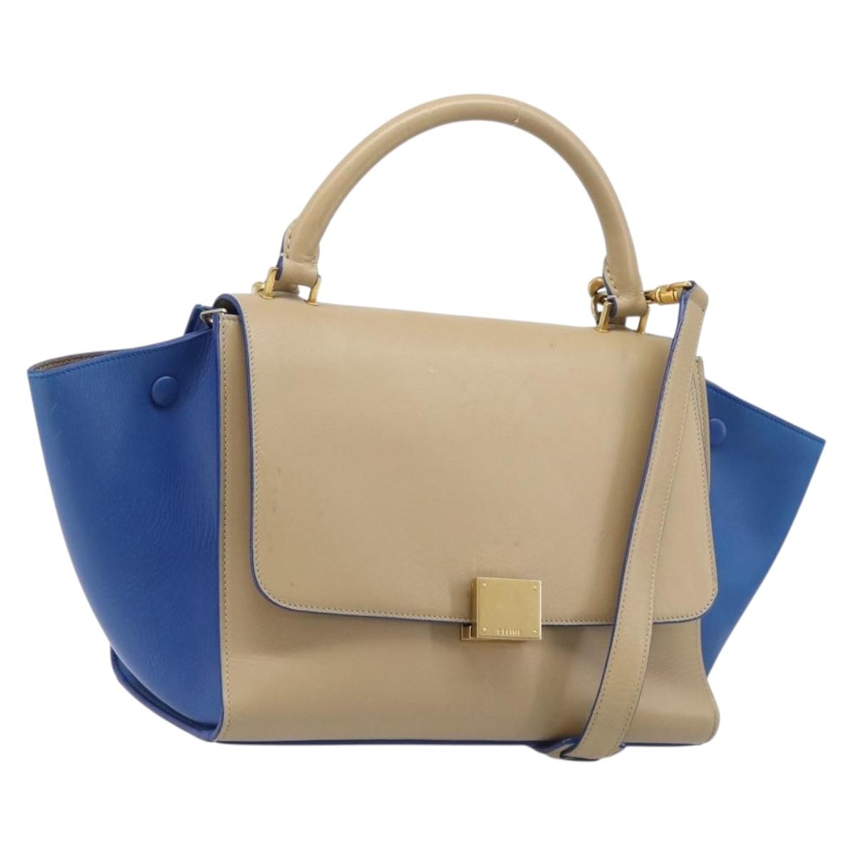 CELINE Trapeze Small Hand Bag Leather 2way Beige Blue Auth bs37085A