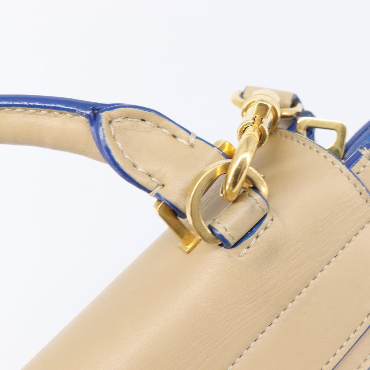 CELINE Trapeze Small Hand Bag Leather 2way Beige Blue Auth bs37085A