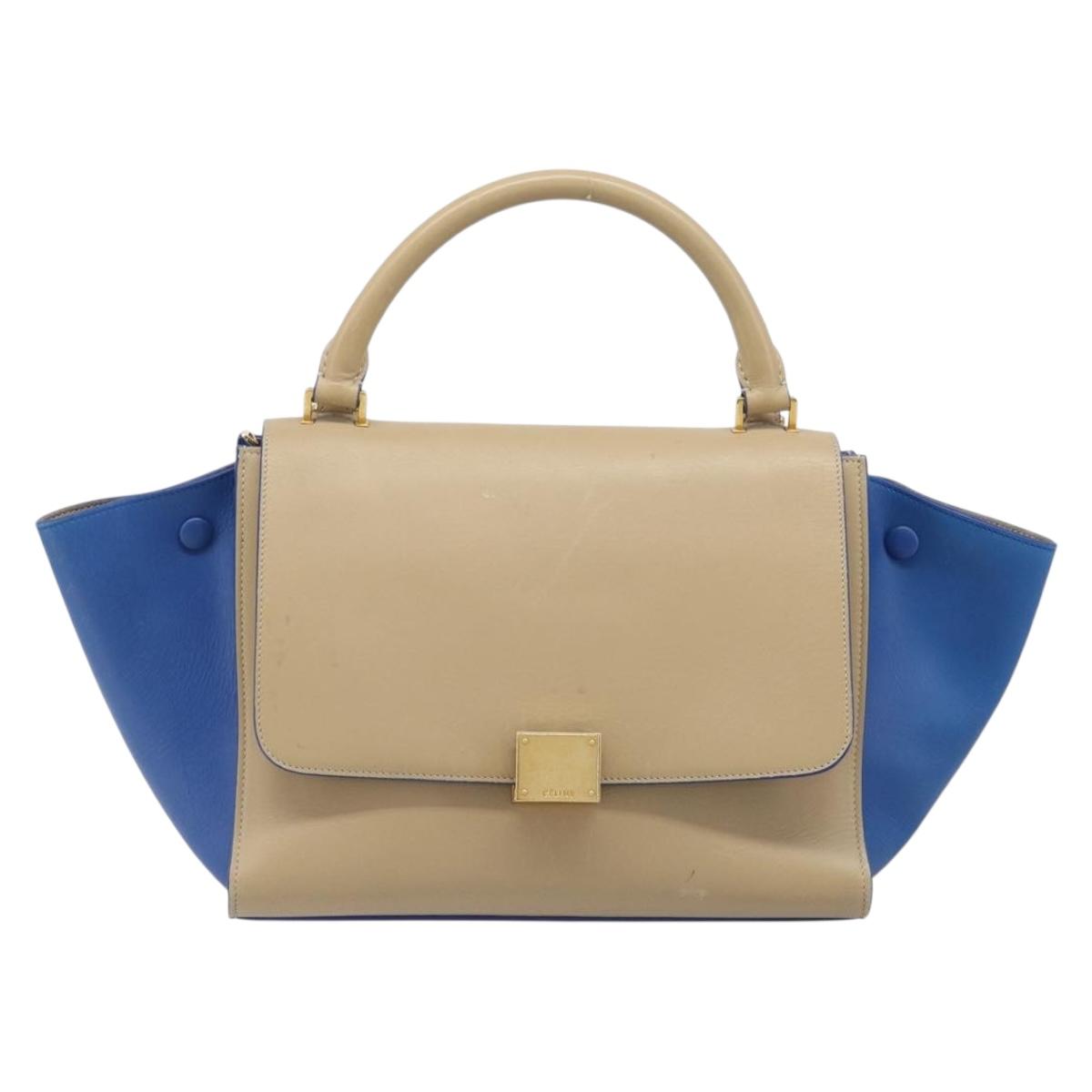 CELINE Trapeze Small Hand Bag Leather 2way Beige Blue Auth bs37085A