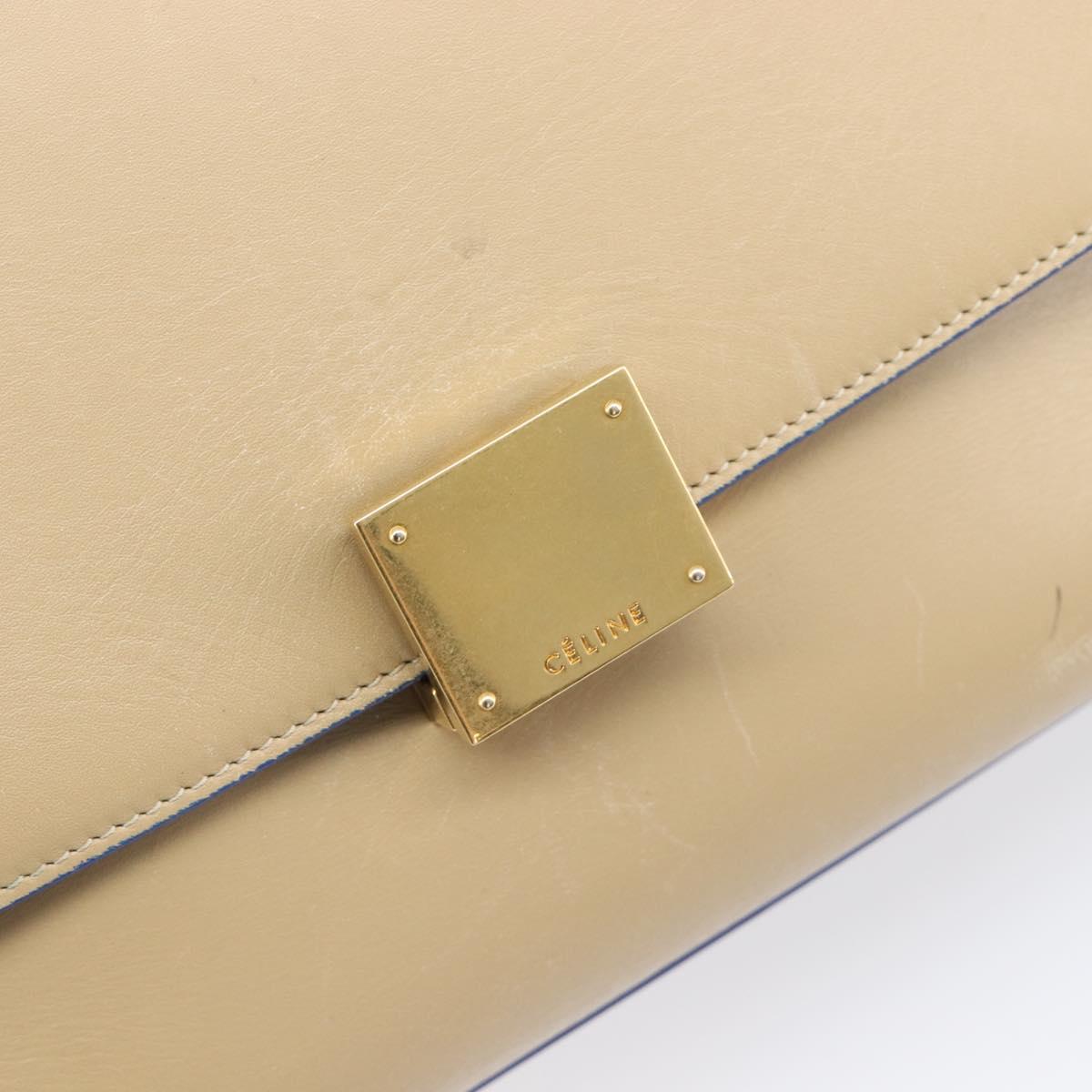 CELINE Trapeze Small Hand Bag Leather 2way Beige Blue Auth bs37085A