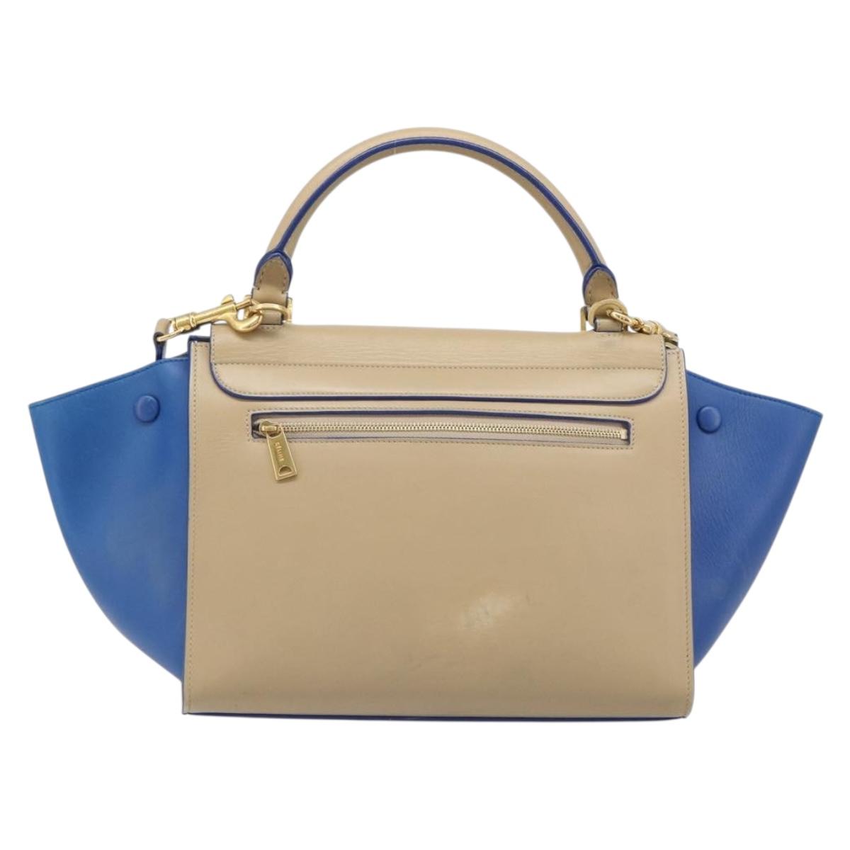 CELINE Trapeze Small Hand Bag Leather 2way Beige Blue Auth bs37085A