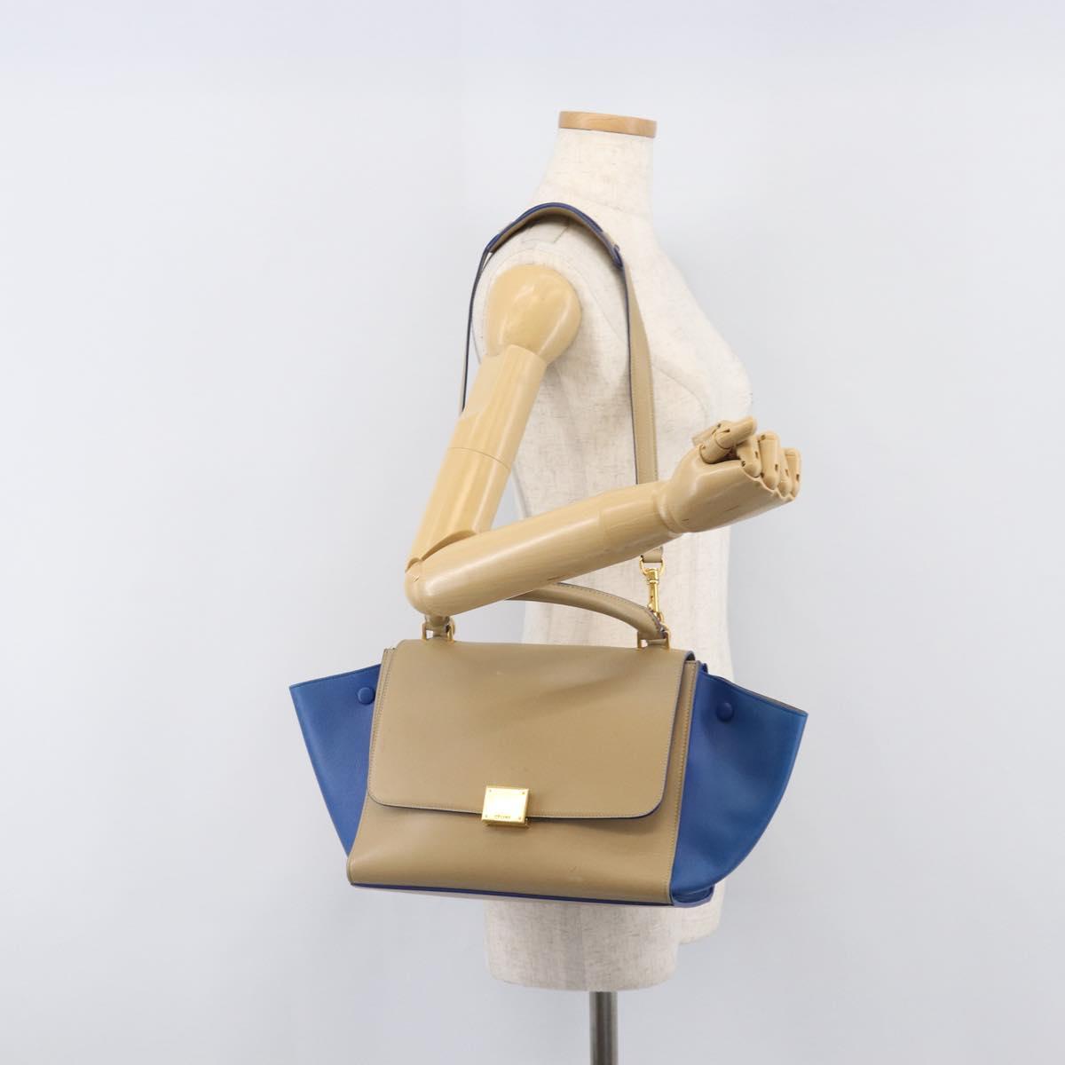CELINE Trapeze Small Hand Bag Leather 2way Beige Blue Auth bs37085A