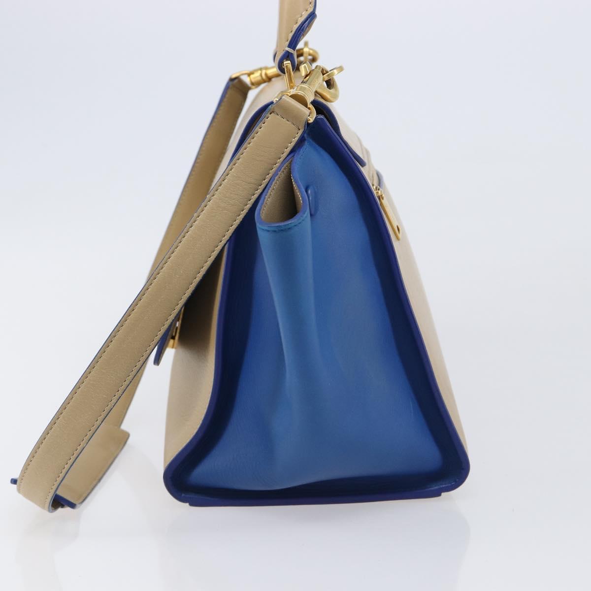 CELINE Trapeze Small Hand Bag Leather 2way Beige Blue Auth bs37085A