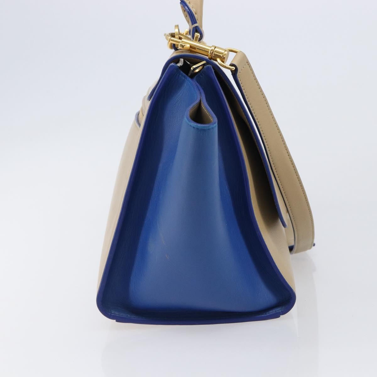 CELINE Trapeze Small Hand Bag Leather 2way Beige Blue Auth bs37085A