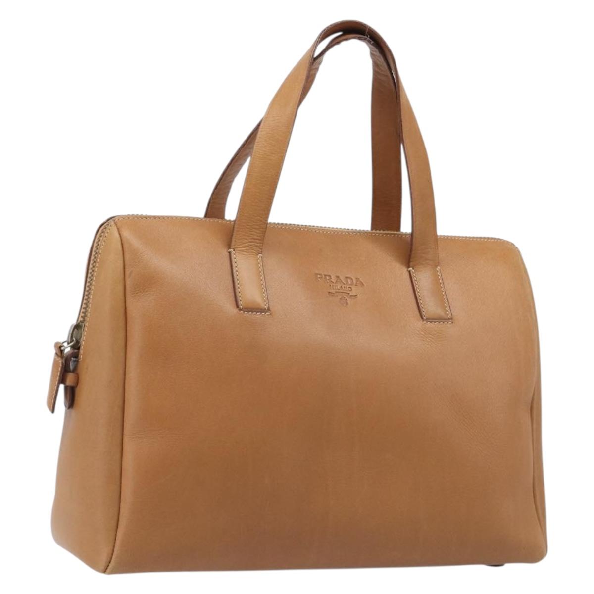 PRADA Hand Bag Leather Brown Gold Tone Auth bs37098