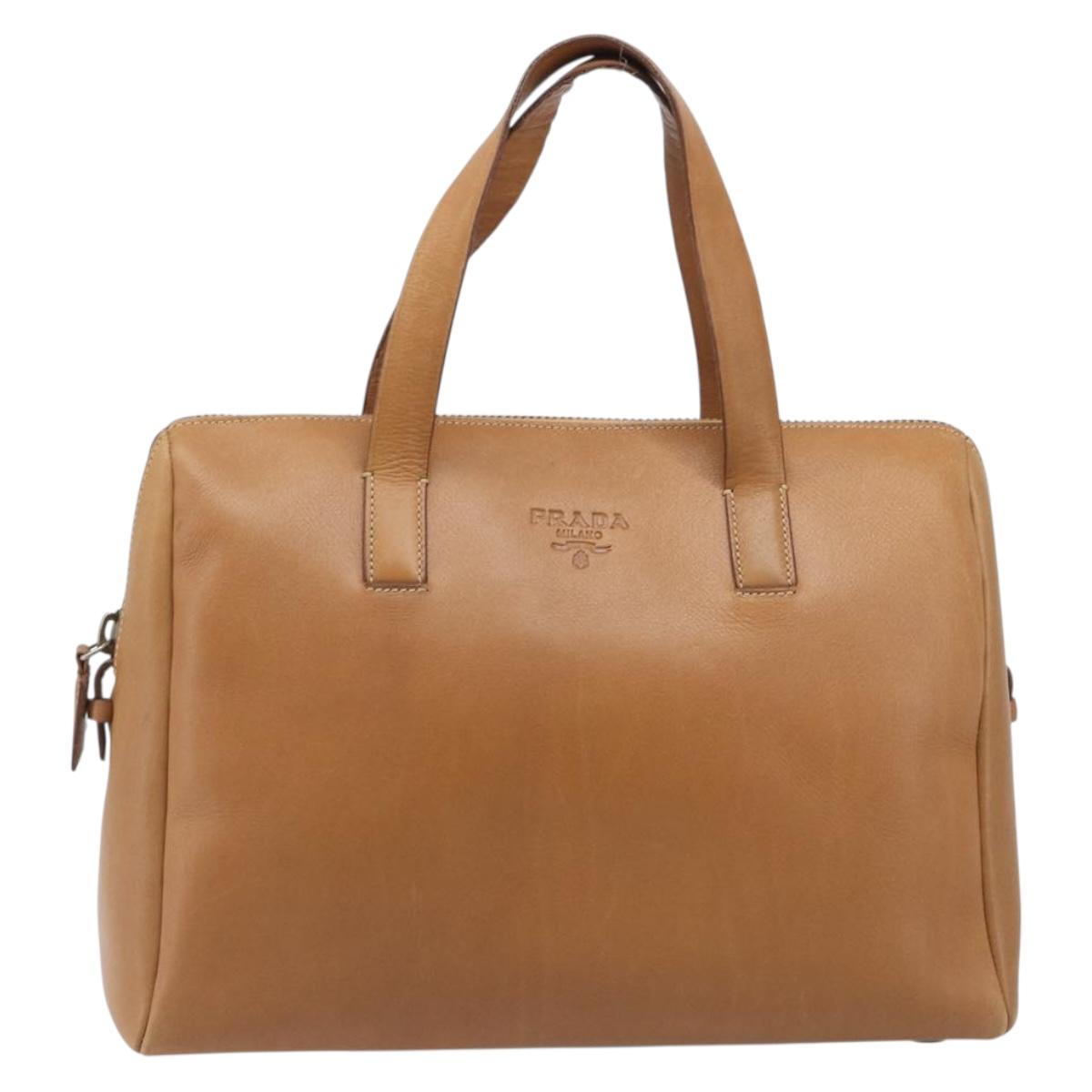 PRADA Hand Bag Leather Brown Gold Tone Auth bs37098