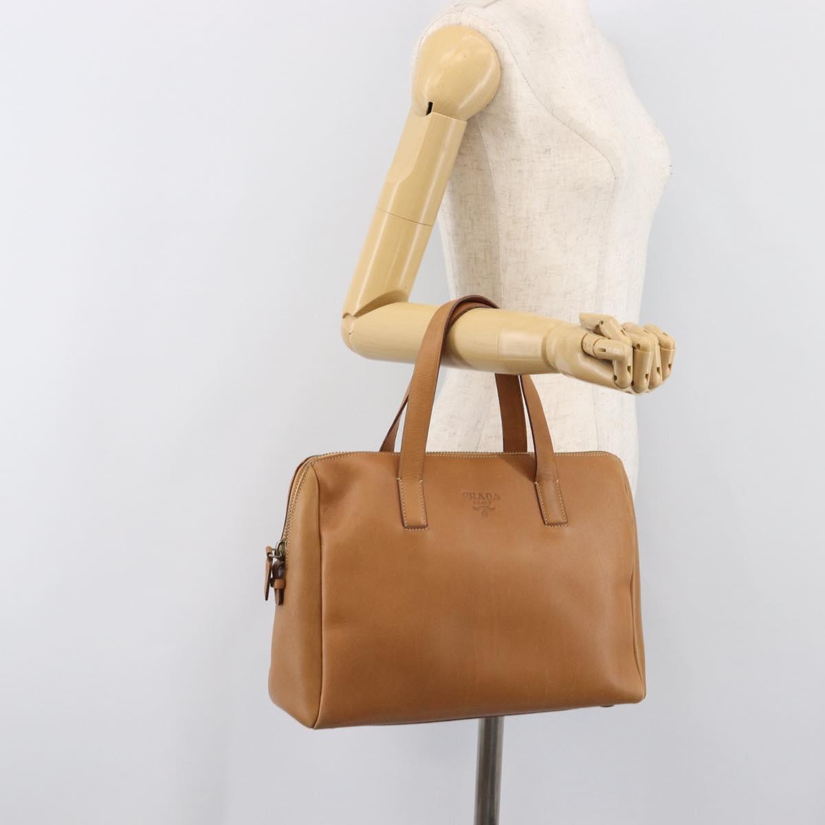 PRADA Hand Bag Leather Brown Gold Tone Auth bs37098