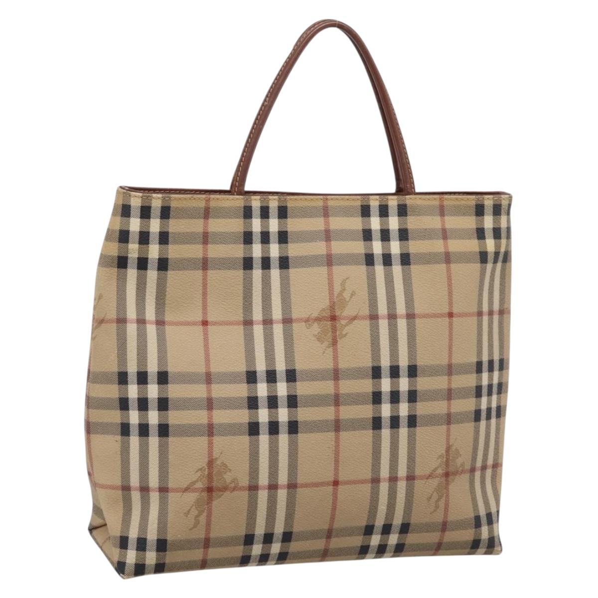 BURBERRY Nova Check Hand Bag PVC Leather Beige Auth bs37101