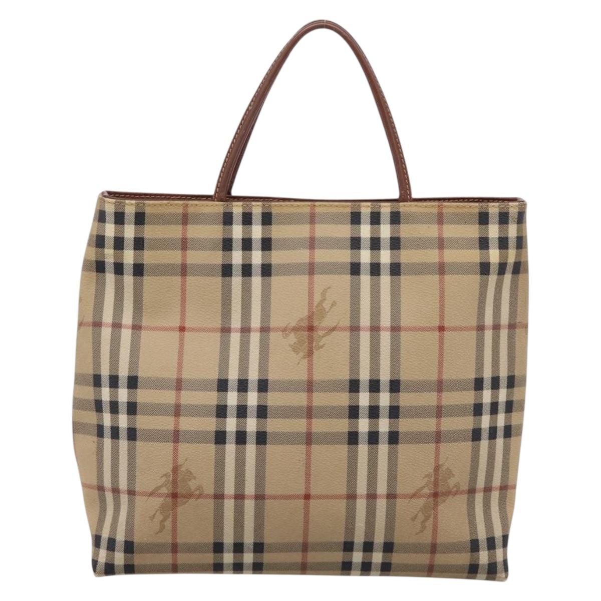 BURBERRY Nova Check Hand Bag PVC Leather Beige Auth bs37101