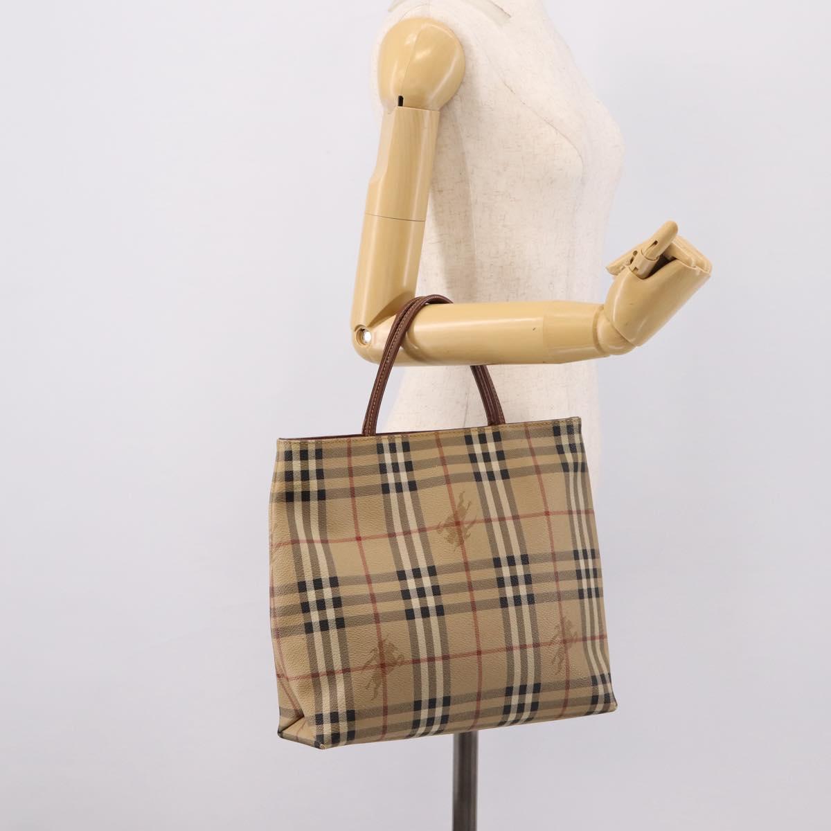 BURBERRY Nova Check Hand Bag PVC Leather Beige Auth bs37101