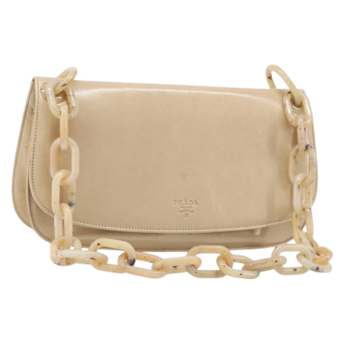 PRADA Chain Shoulder Bag Leather Beige Auth bs37117