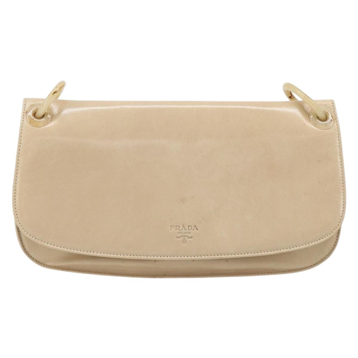 PRADA Chain Shoulder Bag Leather Beige Auth bs37117