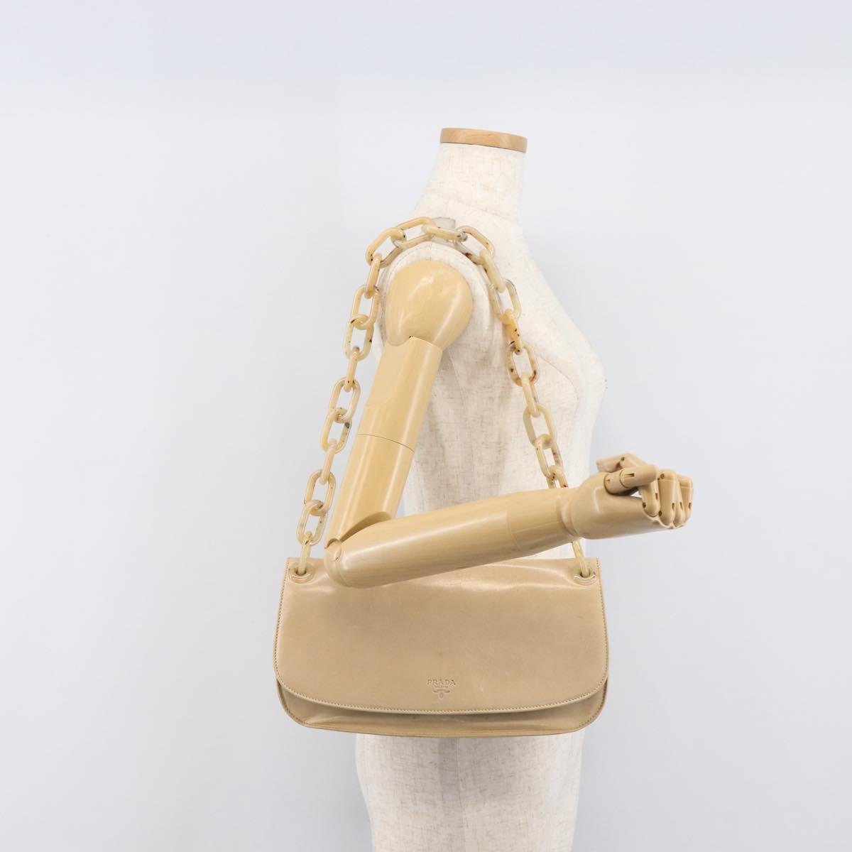 PRADA Chain Shoulder Bag Leather Beige Auth bs37117