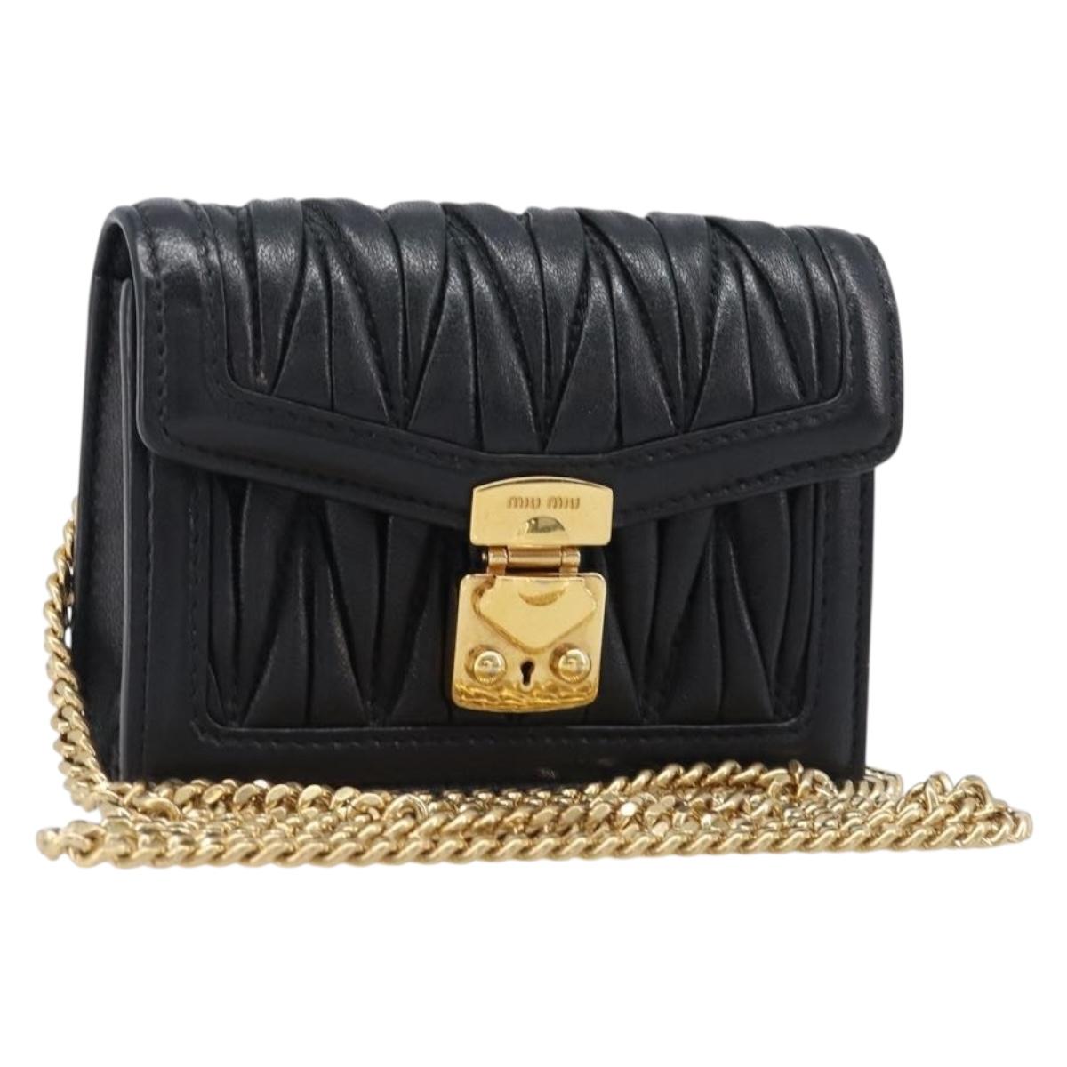 Miu Miu Matelasse Chain Shoulder Pouch Leather Black Gold Tone Auth bs37119V