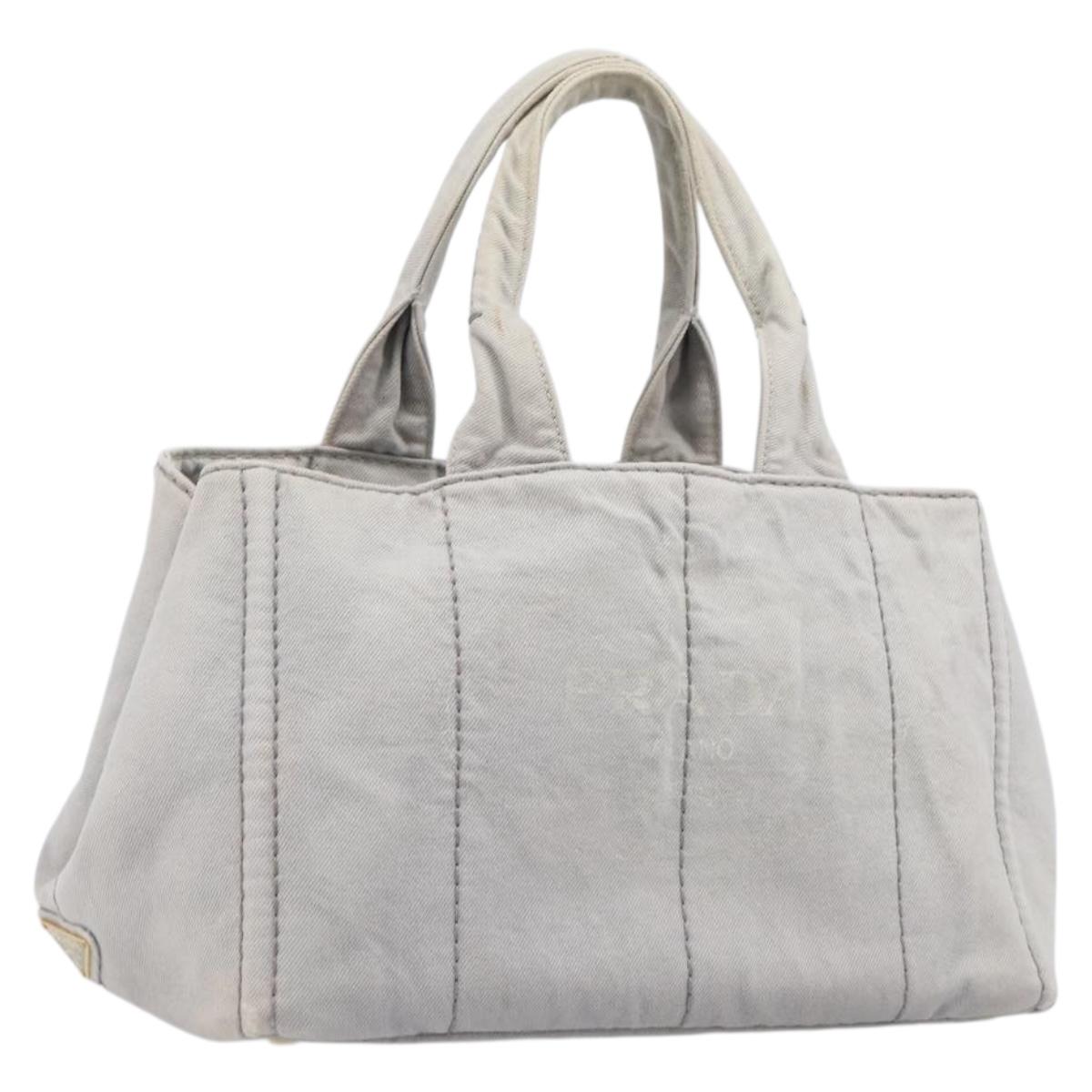 PRADA Canapa MM Hand Bag Canvas Light Blue Gold Tone Auth bs37121