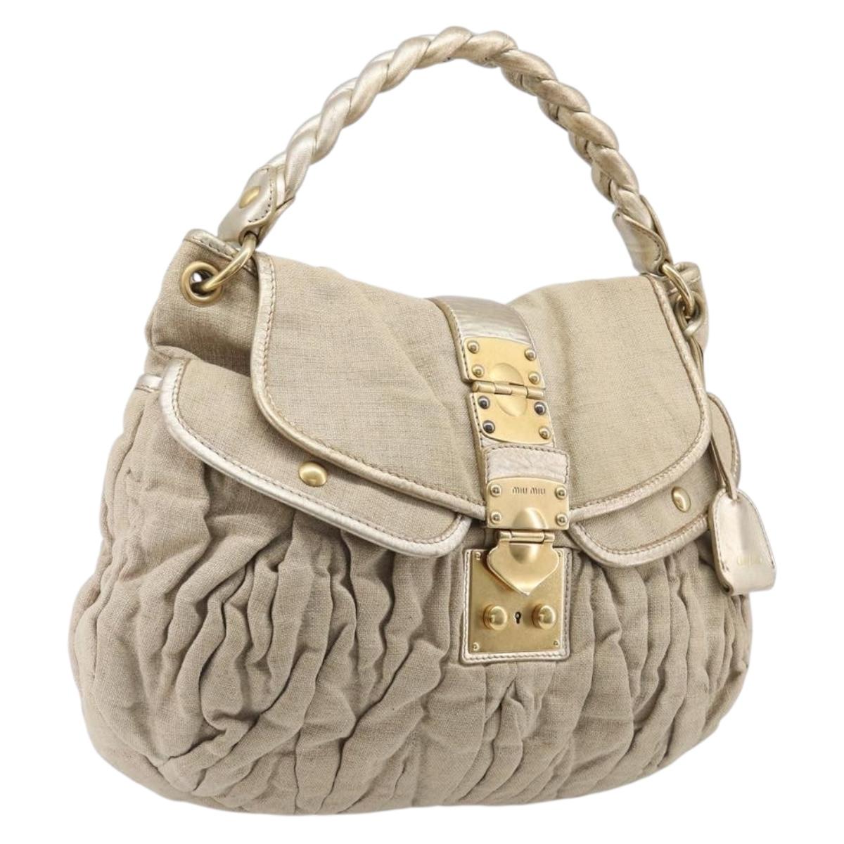 Miu Miu Matelasse Hand Bag Canvas Beige Gold Tone Auth bs37124