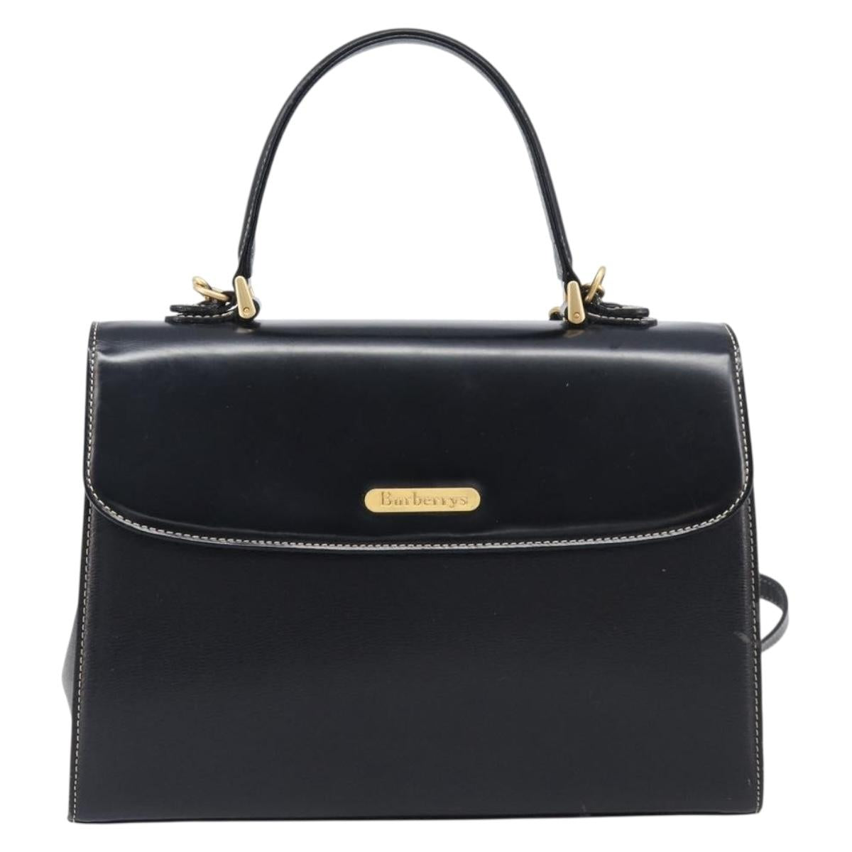 Burberrys Hand Bag Leather 2way Black Gold Tone Auth bs37125