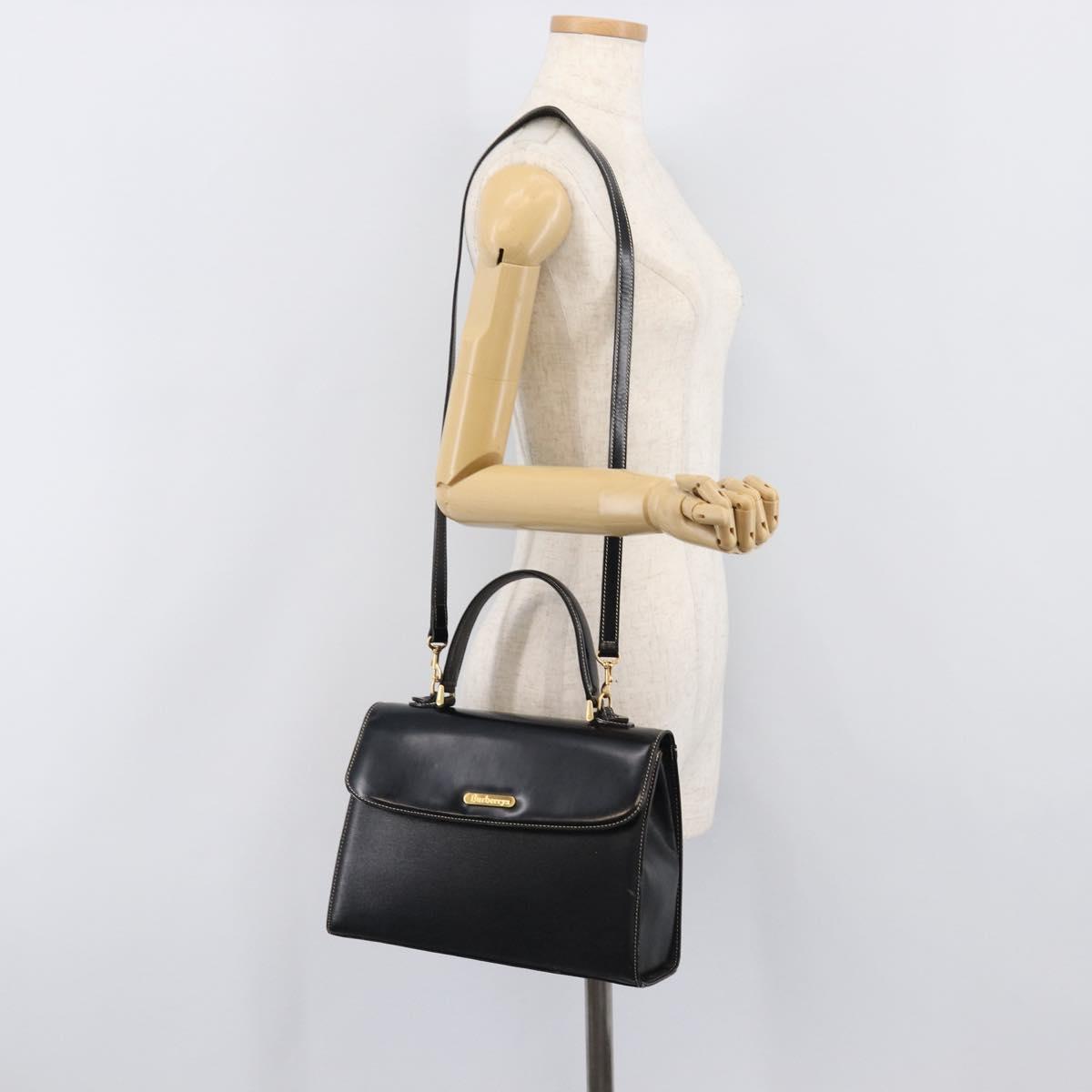 Burberrys Hand Bag Leather 2way Black Gold Tone Auth bs37125