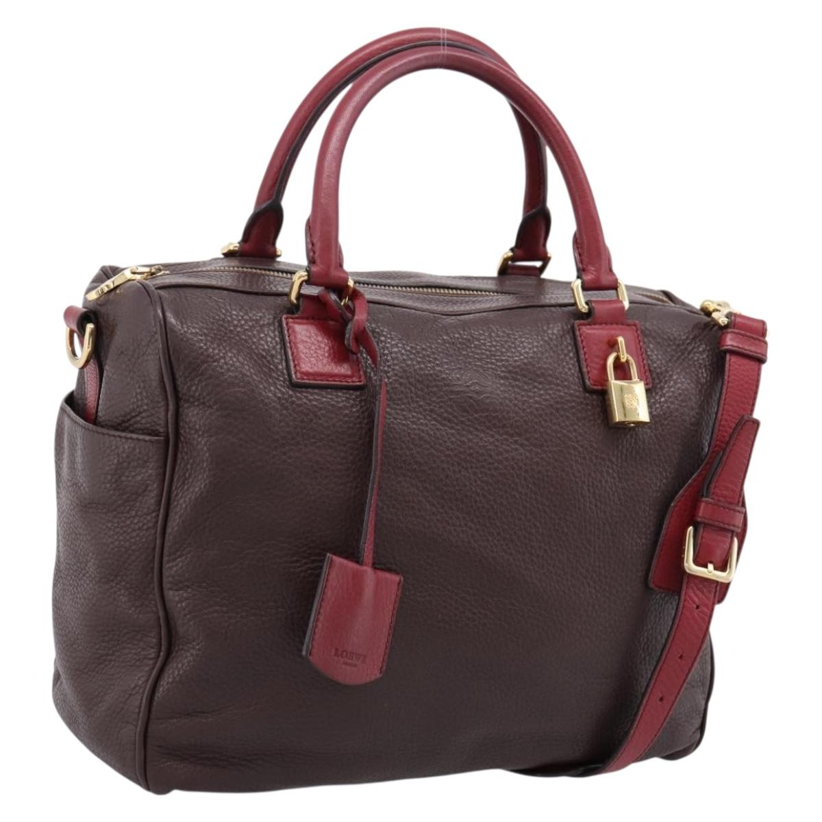 LOEWE Hand Bag Leather 2way Bordeaux Gold Tone Auth bs37128A