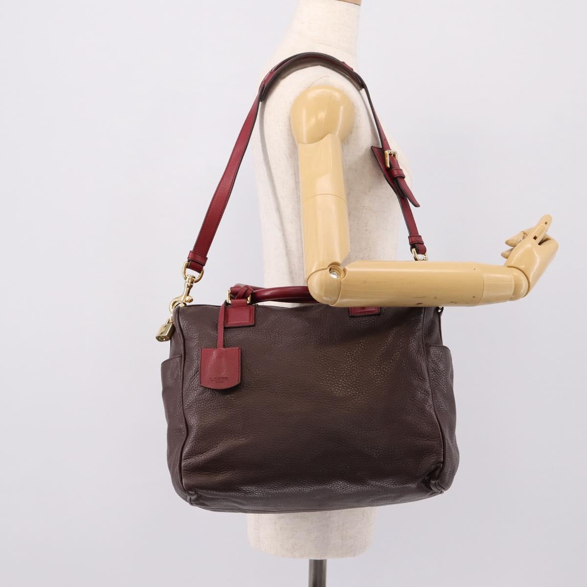 LOEWE Hand Bag Leather 2way Bordeaux Gold Tone Auth bs37128A