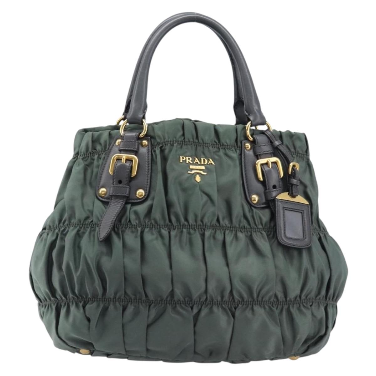 PRADA Hand Bag Nylon Green Gold Tone Auth bs37141A