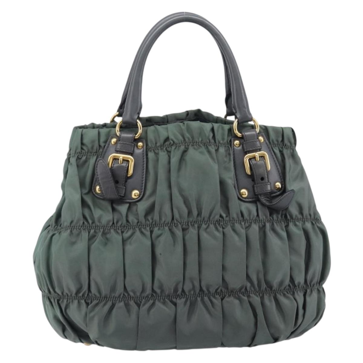 PRADA Hand Bag Nylon Green Gold Tone Auth bs37141A
