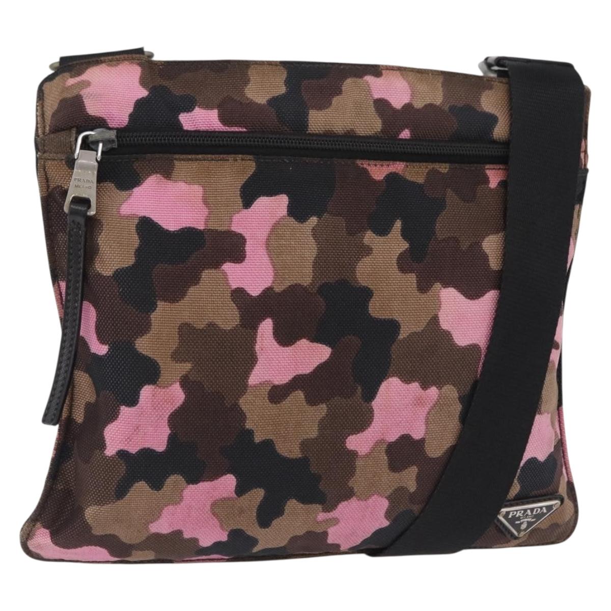 PRADA Shoulder Bag Canvas Camouflage Green Pink Auth bs37142