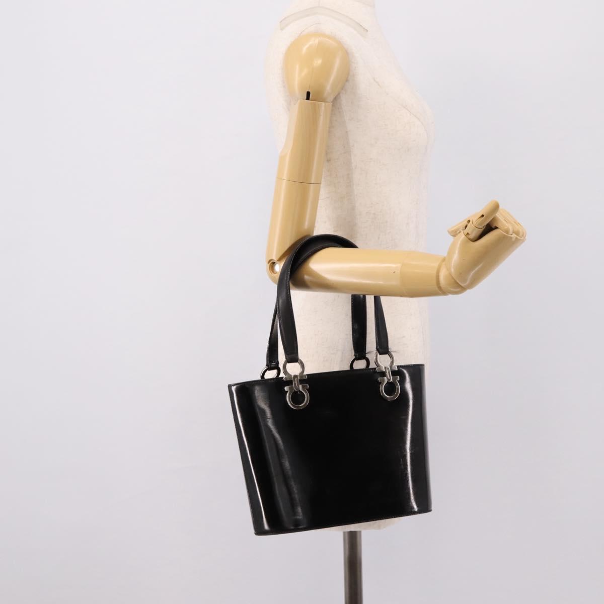 Salvatore Ferragamo Gancini Hand Bag patent Black Silver Auth bs37143