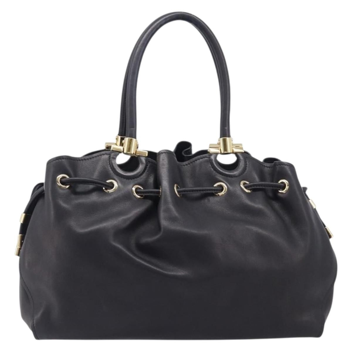 Salvatore Ferragamo Gancini Hand Bag Leather Black Gold Tone Auth bs37144V