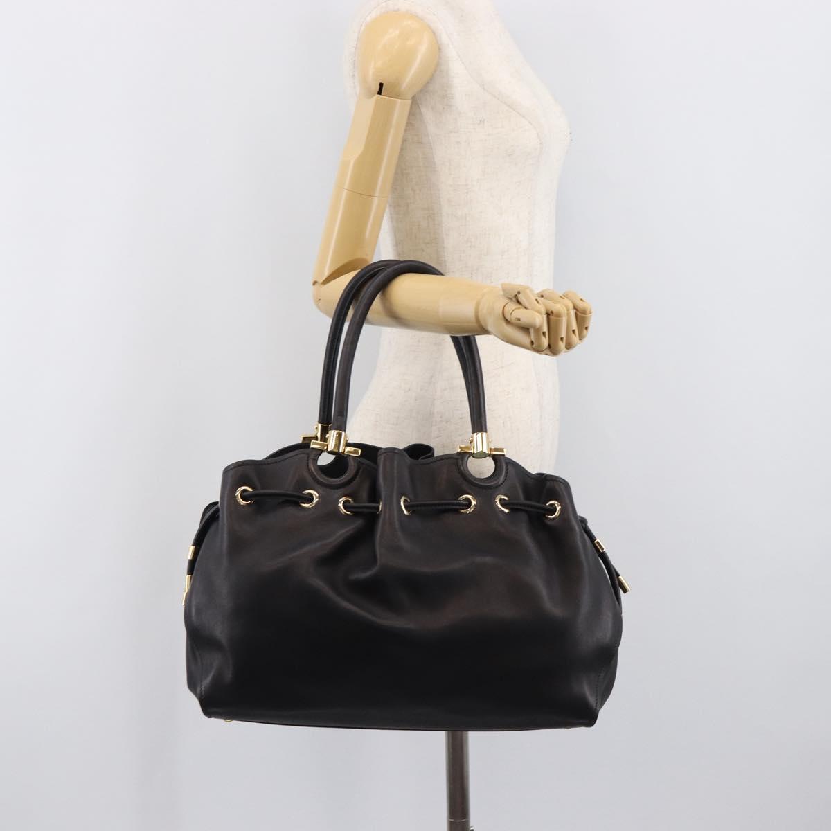 Salvatore Ferragamo Gancini Hand Bag Leather Black Gold Tone Auth bs37144V