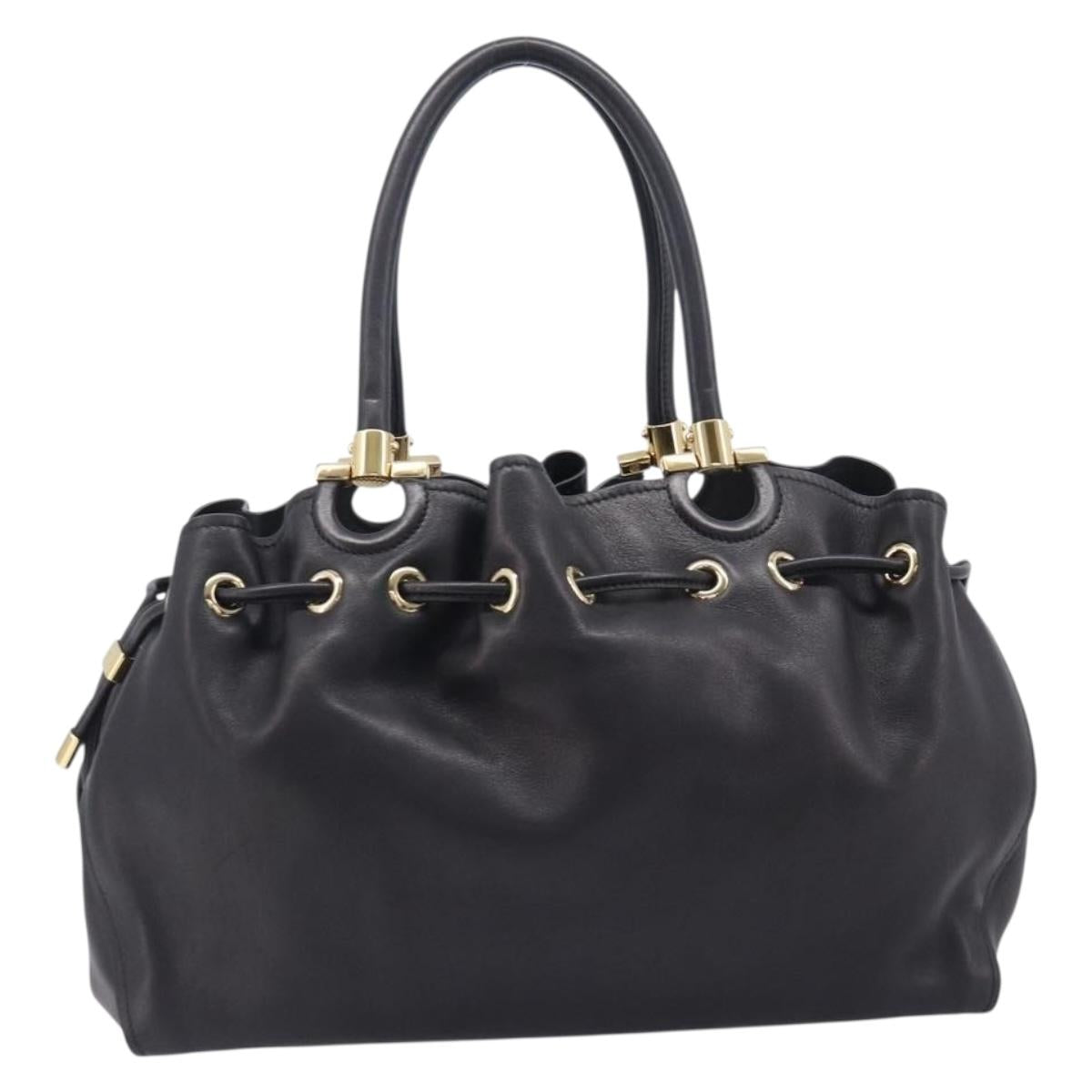 Salvatore Ferragamo Gancini Hand Bag Leather Black Gold Tone Auth bs37144V