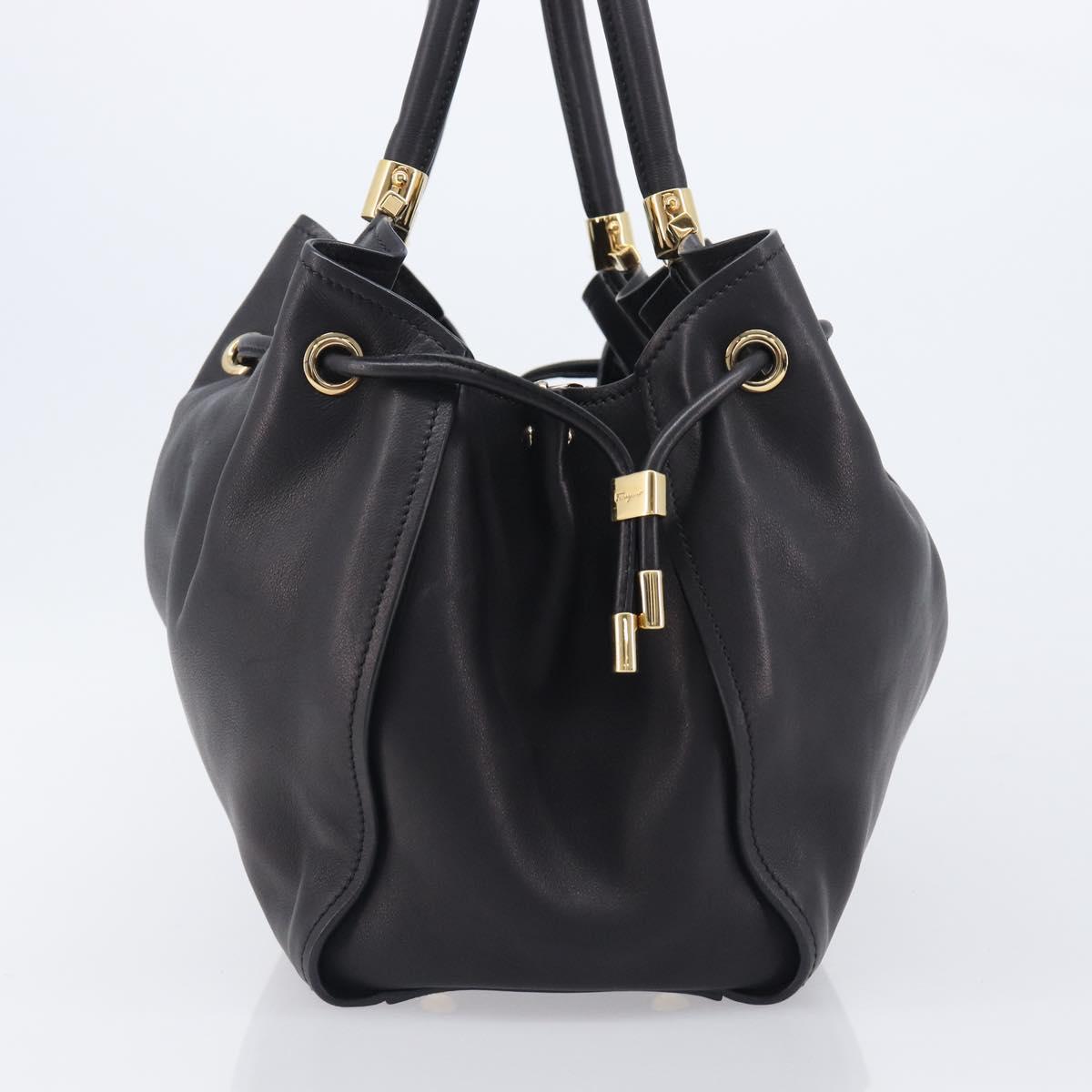 Salvatore Ferragamo Gancini Hand Bag Leather Black Gold Tone Auth bs37144V