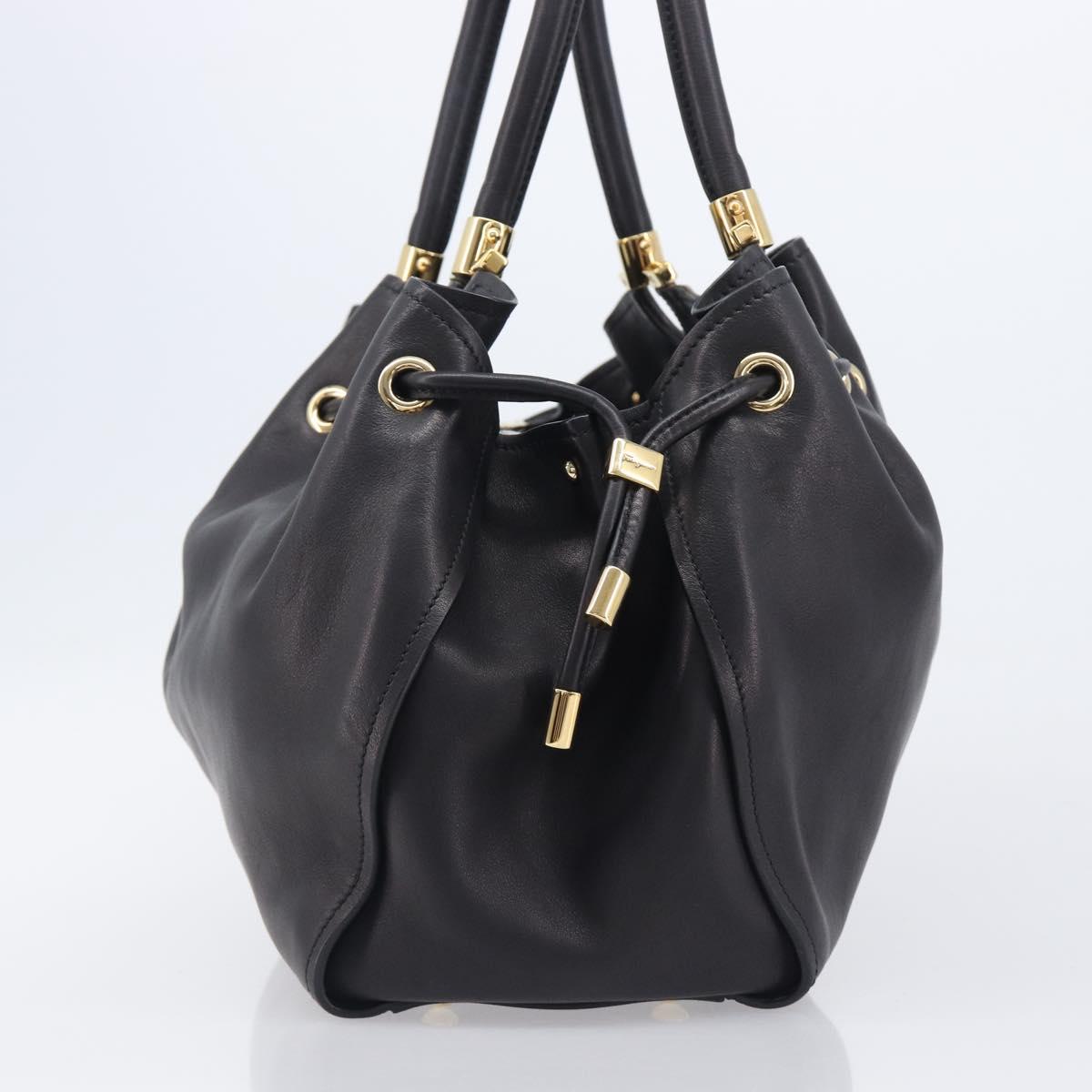 Salvatore Ferragamo Gancini Hand Bag Leather Black Gold Tone Auth bs37144V