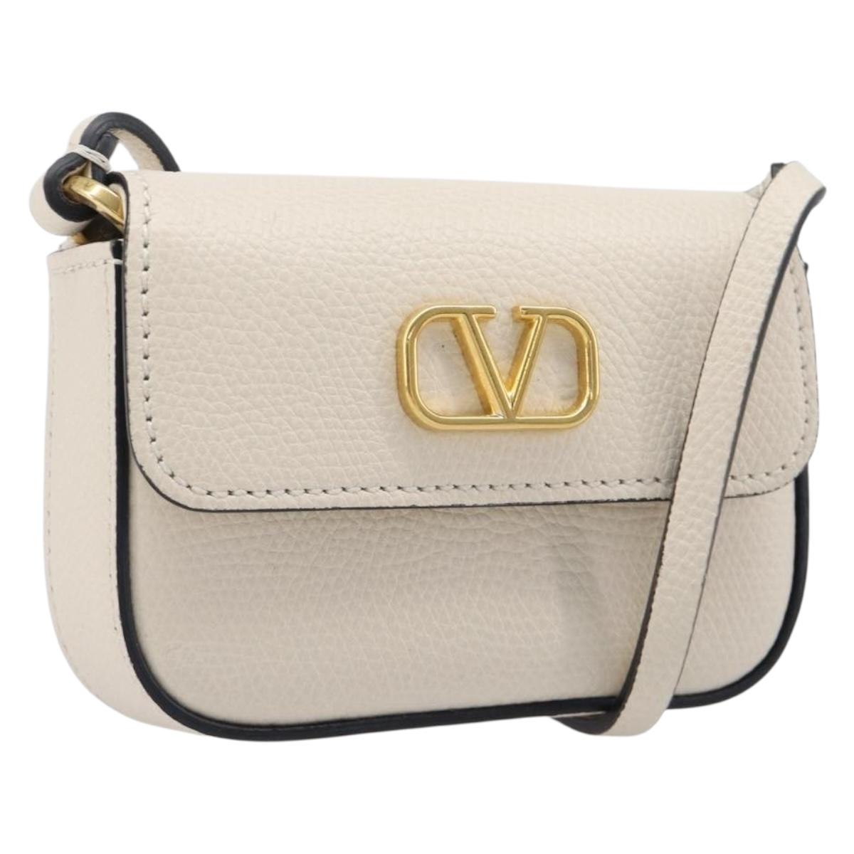 VALENTINO Shoulder Pouch Leather White Gold Tone Auth bs37147V