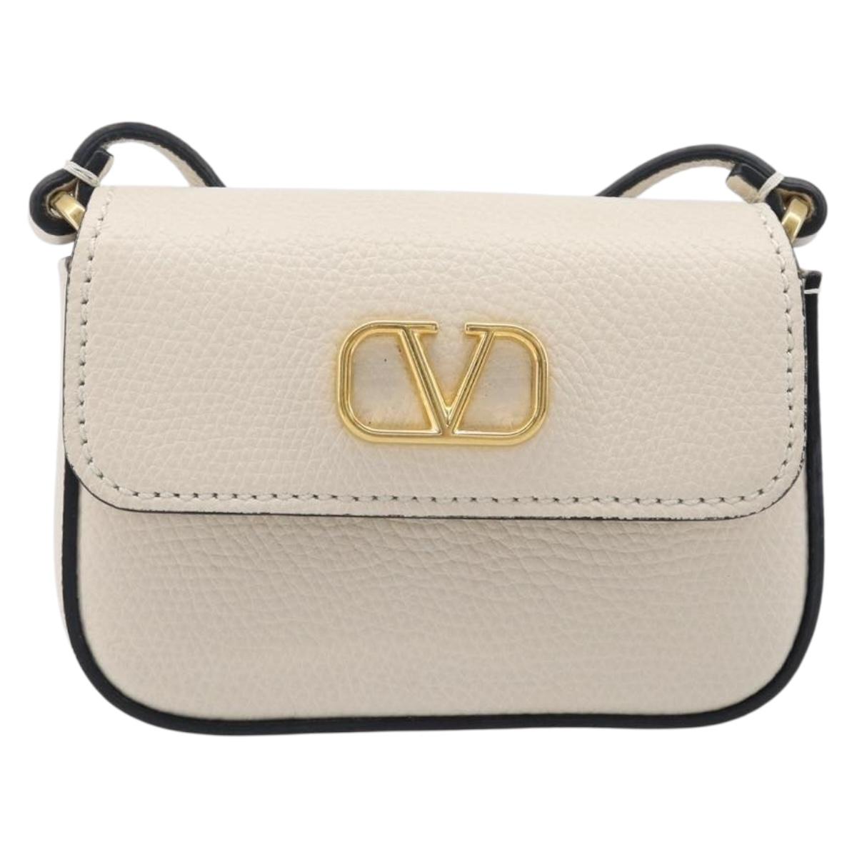 VALENTINO Shoulder Pouch Leather White Gold Tone Auth bs37147V