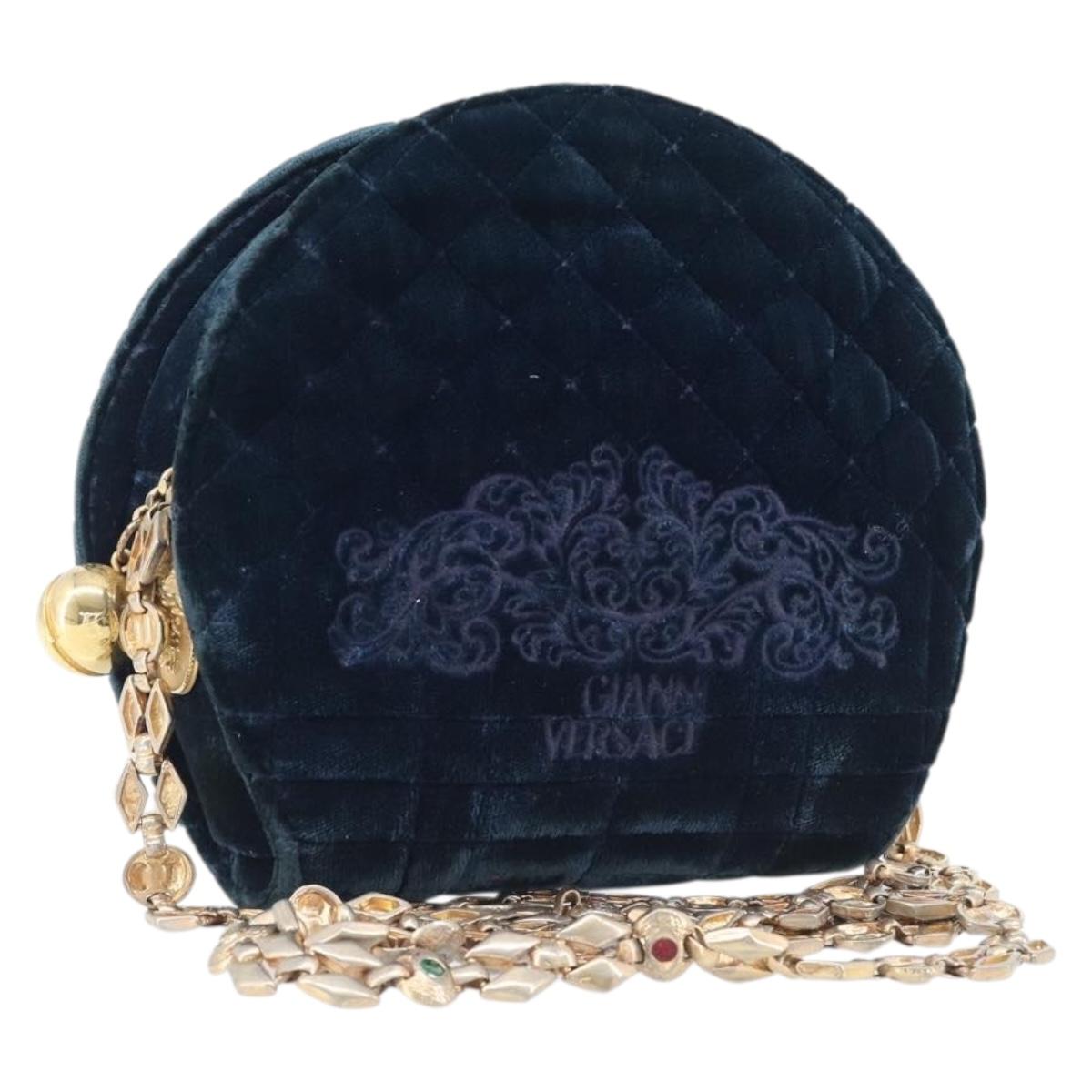 Gianni Versace Chain Shoulder Bag Velor Navy Gold Tone Auth bs37150
