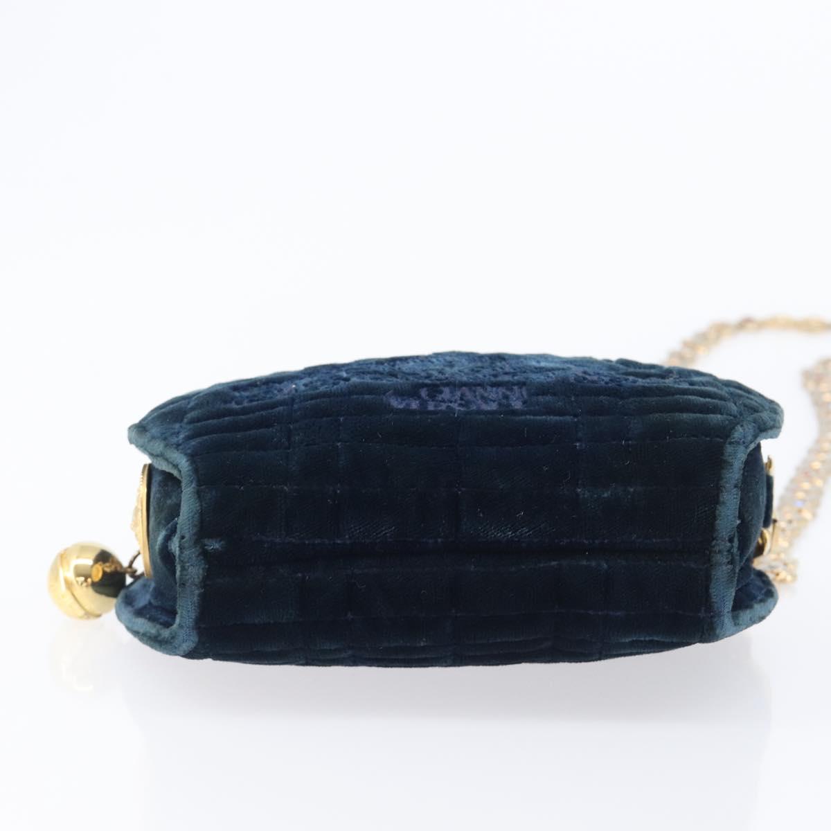 Gianni Versace Chain Shoulder Bag Velor Navy Gold Tone Auth bs37150
