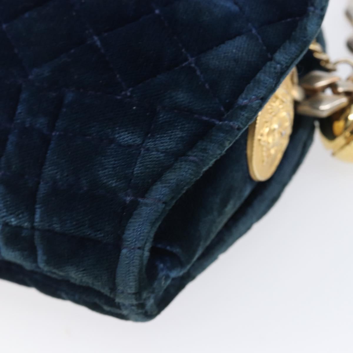 Gianni Versace Chain Shoulder Bag Velor Navy Gold Tone Auth bs37150