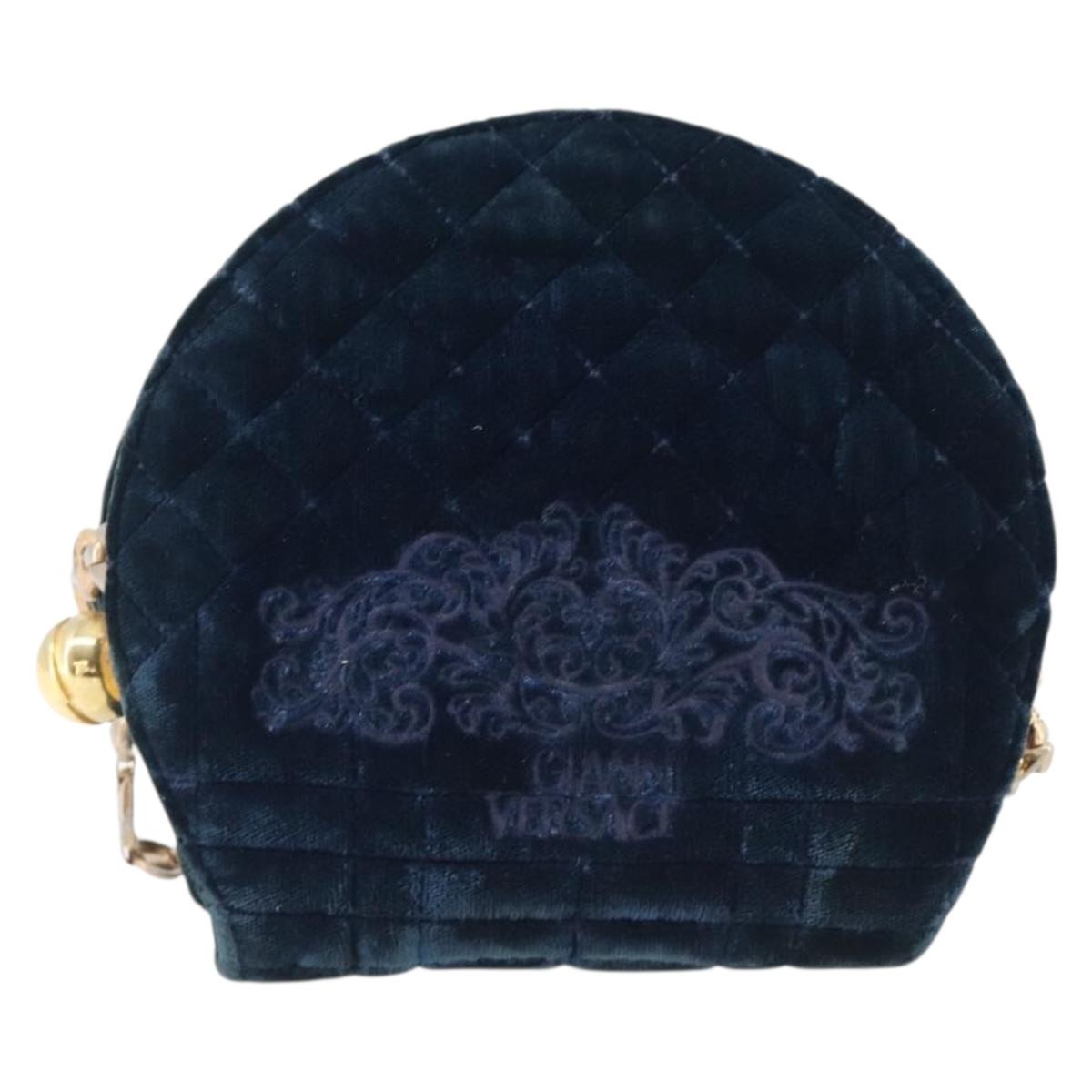 Gianni Versace Chain Shoulder Bag Velor Navy Gold Tone Auth bs37150