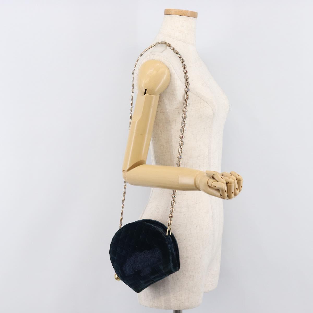 Gianni Versace Chain Shoulder Bag Velor Navy Gold Tone Auth bs37150
