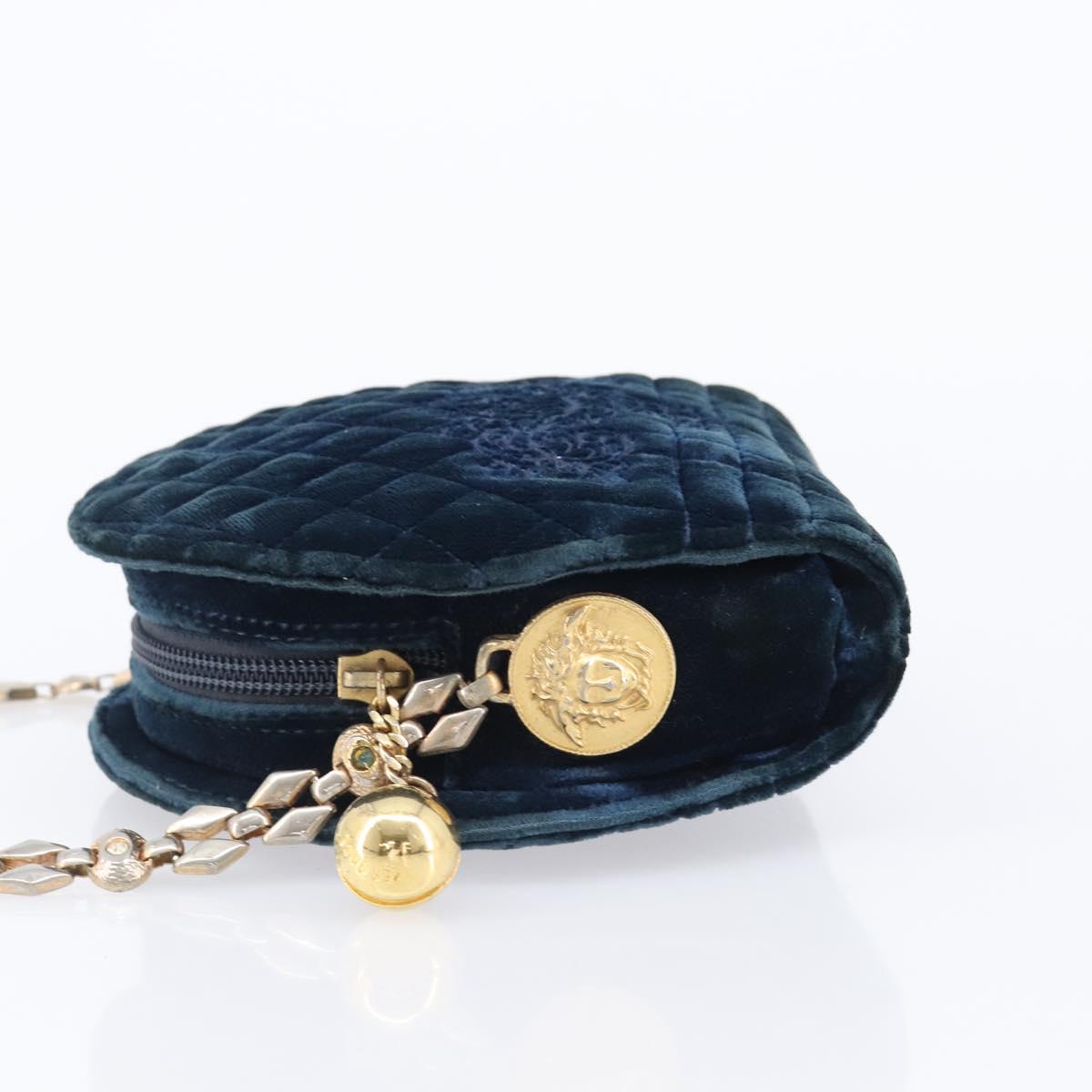 Gianni Versace Chain Shoulder Bag Velor Navy Gold Tone Auth bs37150