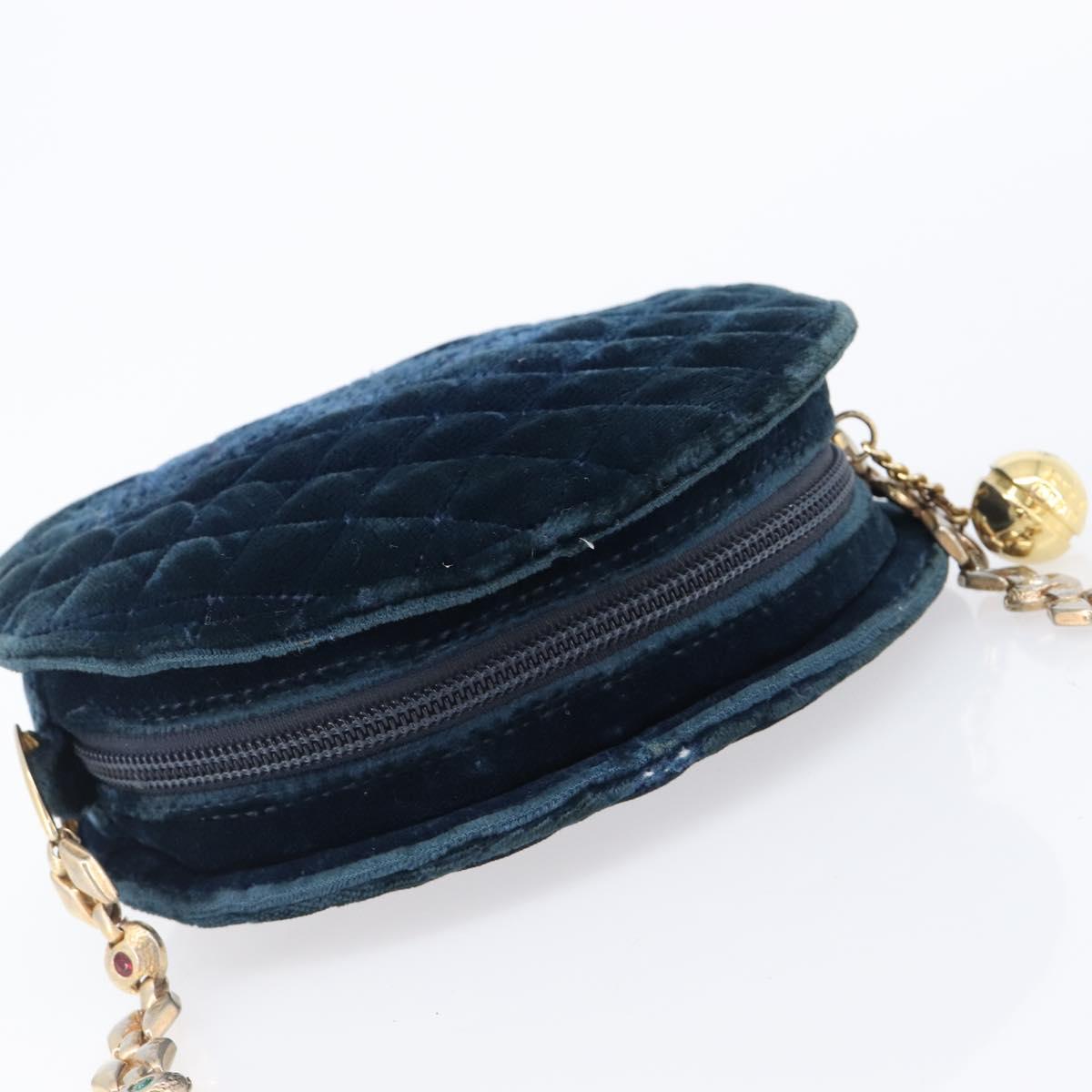Gianni Versace Chain Shoulder Bag Velor Navy Gold Tone Auth bs37150