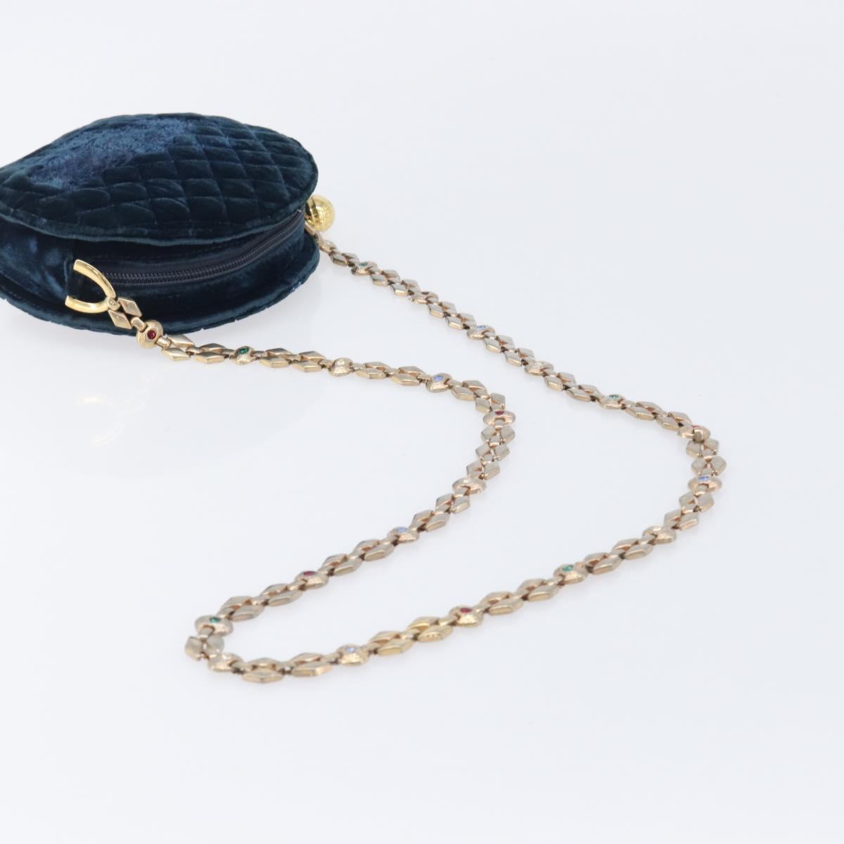 Gianni Versace Chain Shoulder Bag Velor Navy Gold Tone Auth bs37150