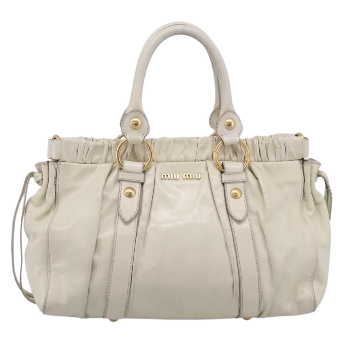 Miu Miu Hand Bag Leather White Gold Tone Auth bs37154A