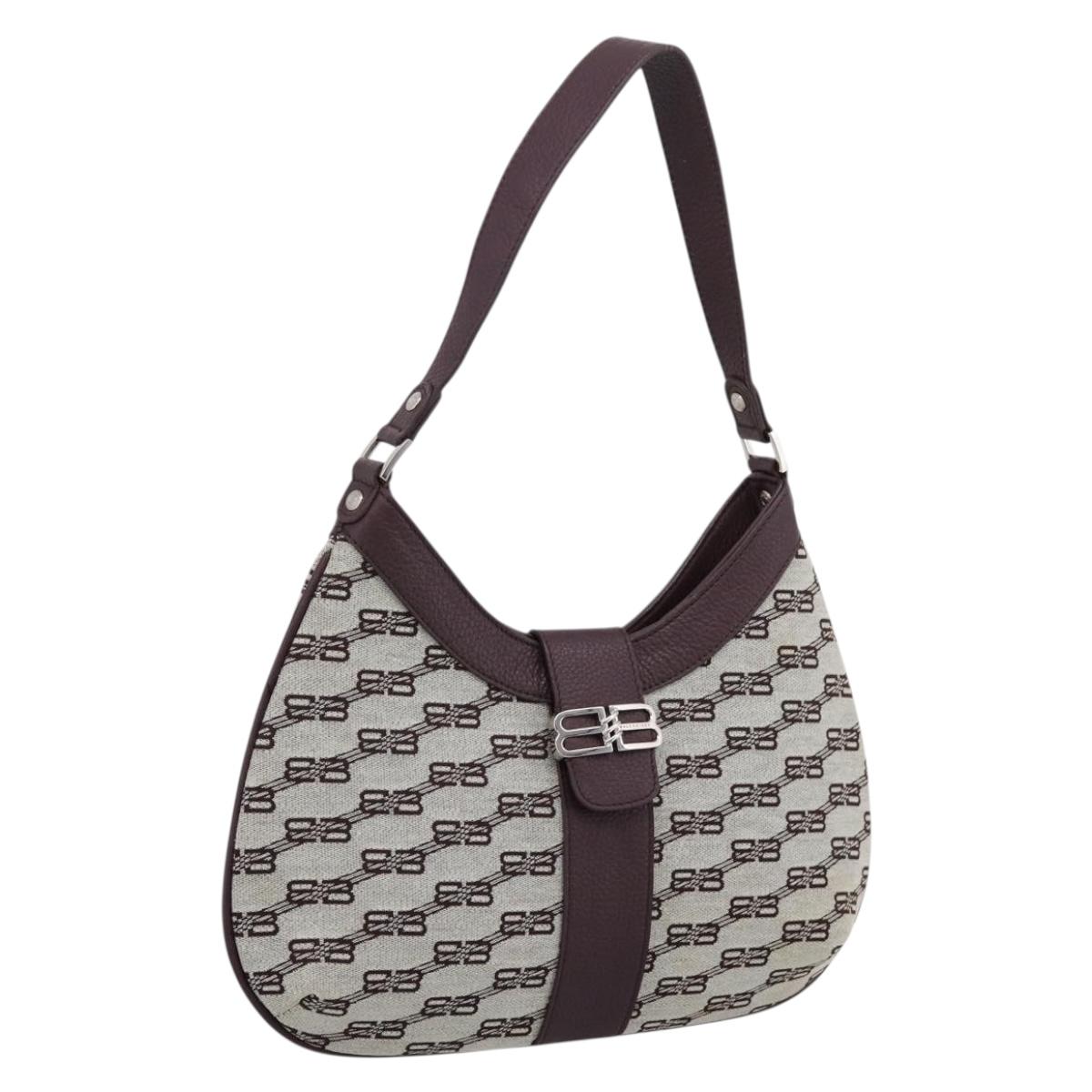 BALENCIAGA Shoulder Bag Canvas Beige Silver Auth bs37155