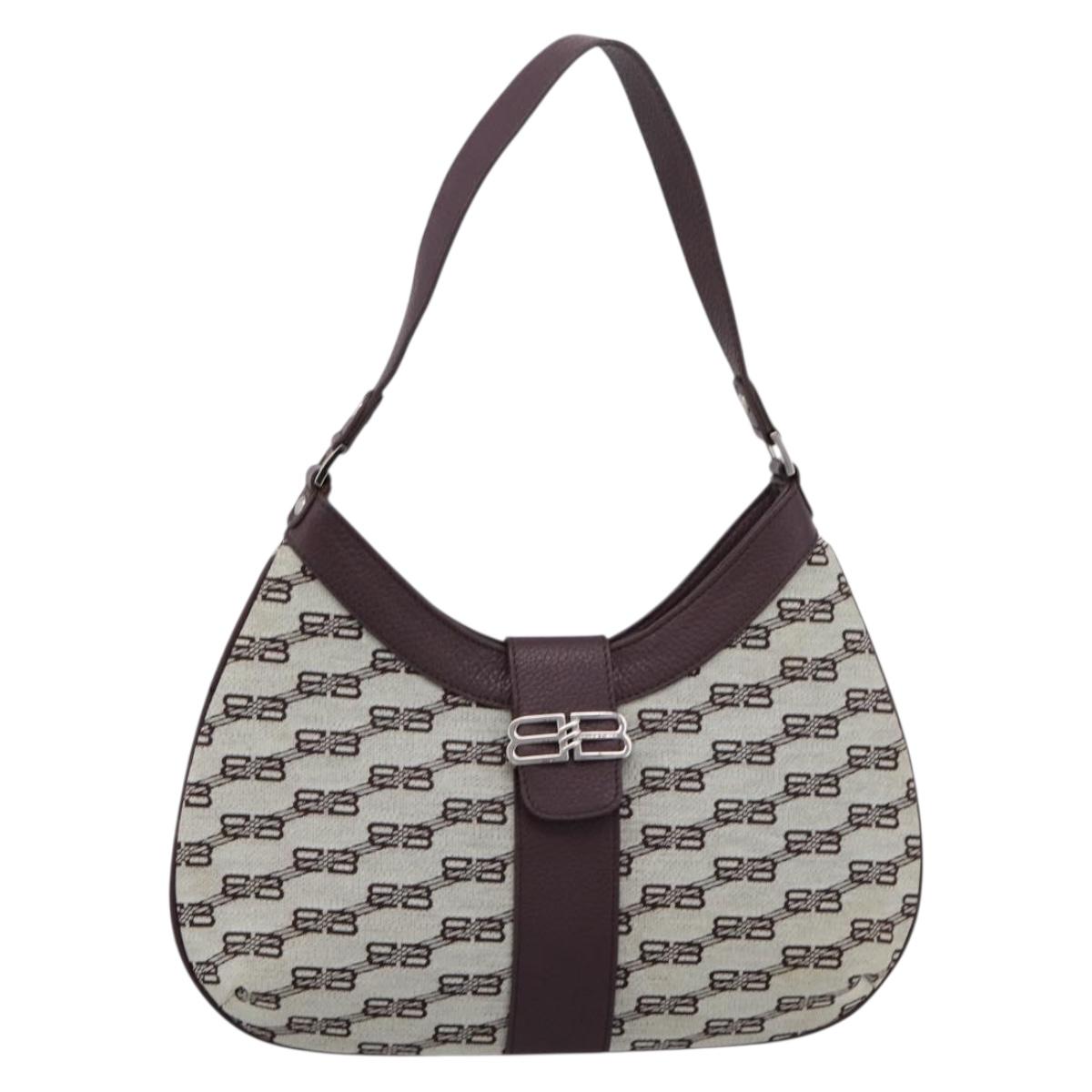 BALENCIAGA Shoulder Bag Canvas Beige Silver Auth bs37155